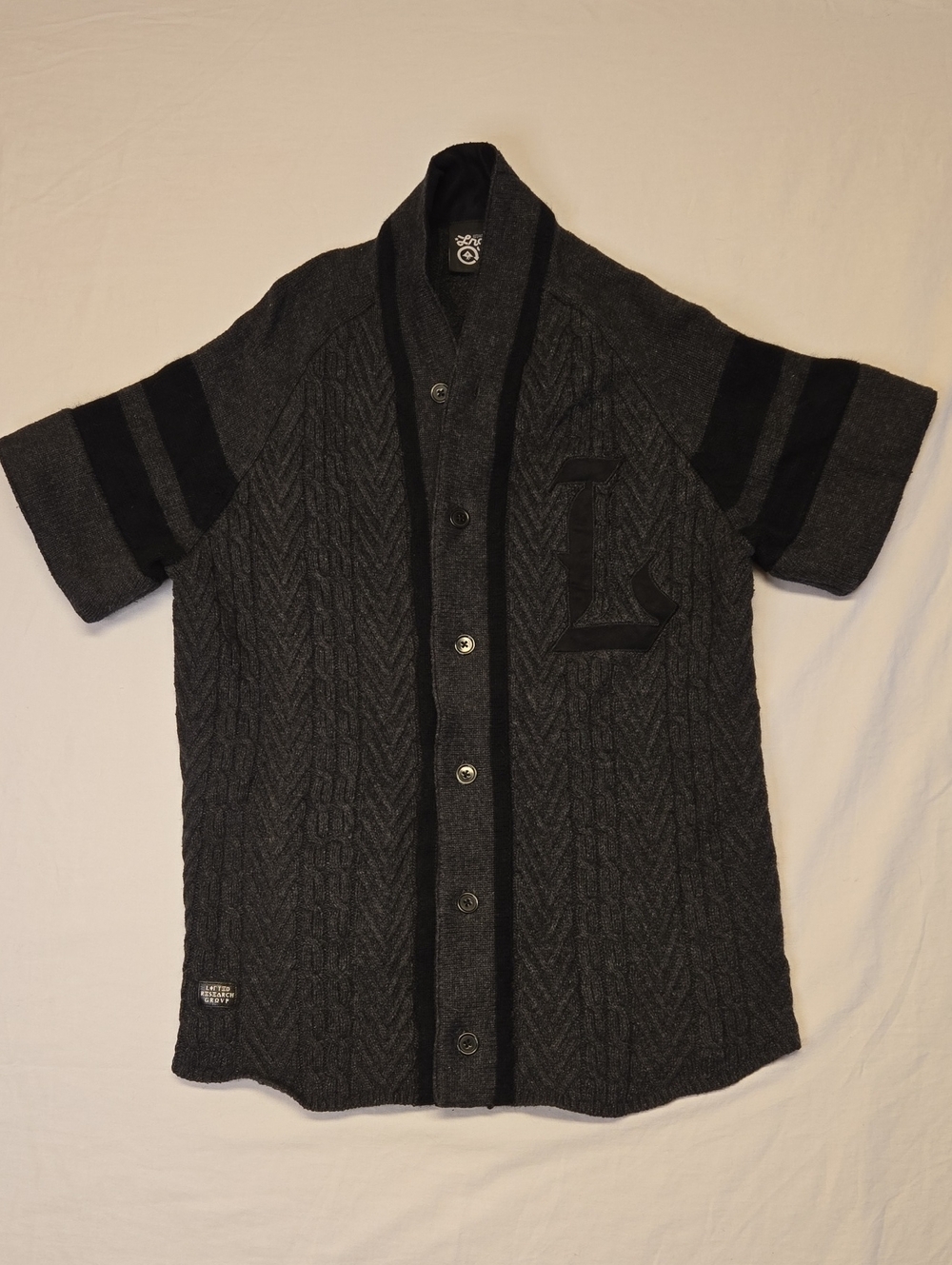 LRG Charcoal Cable Knit Short Sleeve Buttom Down Cardigan Sweater Vintage Y2K